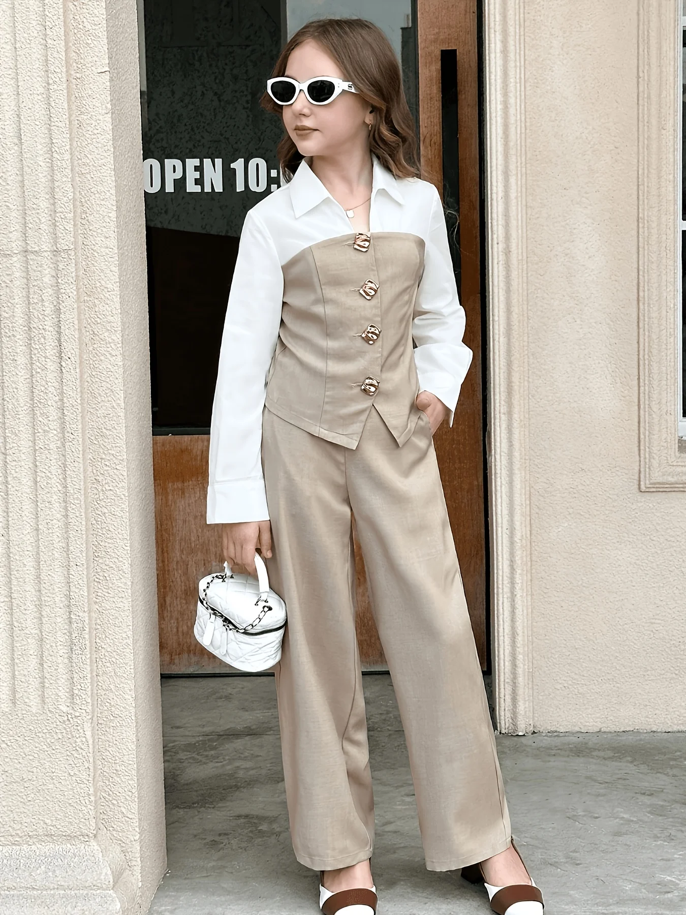 Das lässige Herbst- und Winteroutfit für Mädchen besteht aus einem farblich abgesetzten, langärmeligen Oberteil mit Kragen, kombiniert mit einer passenden Freizeithose, bietet ein hochwertiges Design und ist für den Alltag geeignet für Kinder im Alter von 7-13 Jahren. – Detail 5