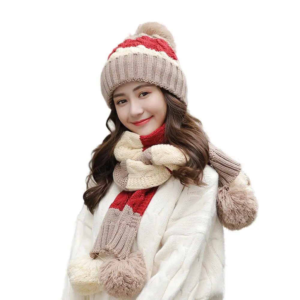 Winter Knit Hat Scarf Two-piece Women Velvet Beanies Cap Lady Warm Wool Ball Caps Sweet Cute knitted Earmuffs Hats Female