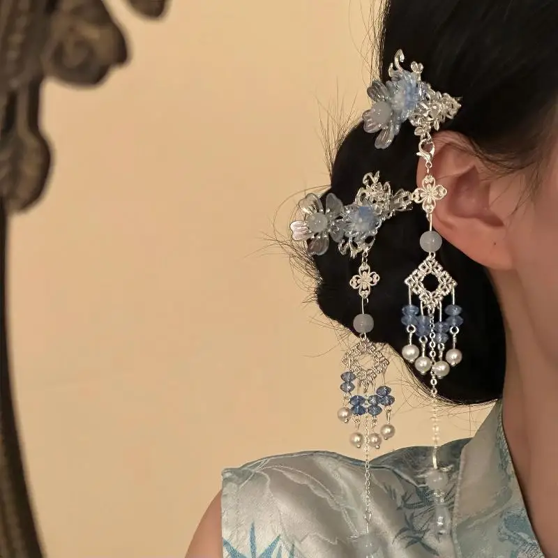 Blumen-Quasten-Haarspange im chinesischen Hanfu-Stil mit Kristallperlen-Quaste für Frauen – Detail 2