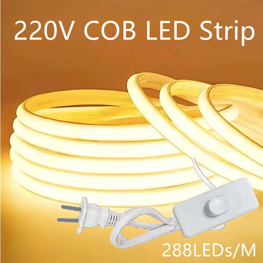 220V COB LED Lamp Strip 1-30M Switch/Dimmable Power EU Plug RA90 Outdoor Garden 288LEDs/m FOB LED Tape Bedroom Kitchen Lighting