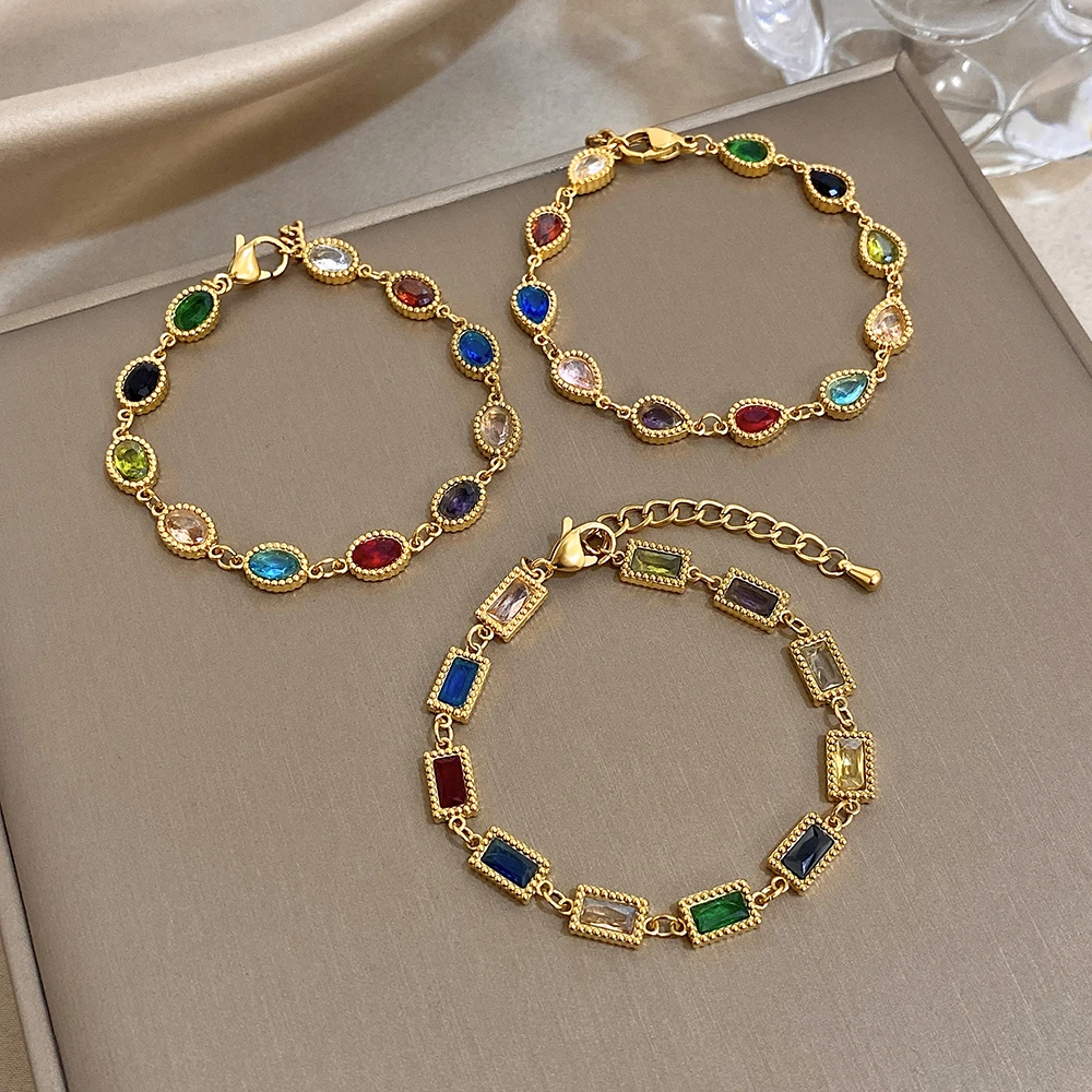 

Freetry 3 Styles Exquisite Colorful Zircon Stainless Steel Bracelets Women Retro Square Water Drop Charm Bracelet Jewelry Gifts