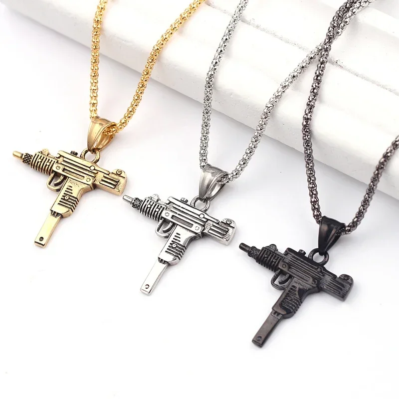 1PC European And American Fashion Hip Hop Necklace Stainless Steel Uzi Submachine Gun Machine Gun Pendant Men's Jewelry