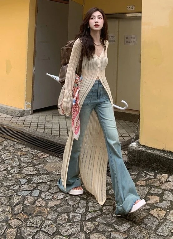 

Mid-length Slim Fit Knitted Tops Y2k E-girls Thin Hollow Out Sun Coat 2025 New V-neck Subcultural Cardigan Sweater Dress