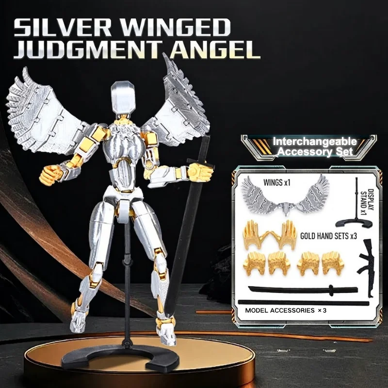 3D Printed Silver Winged Angel Poseable Figure Multi-Joint Fantasy Statue Desktop Display Model with Stand