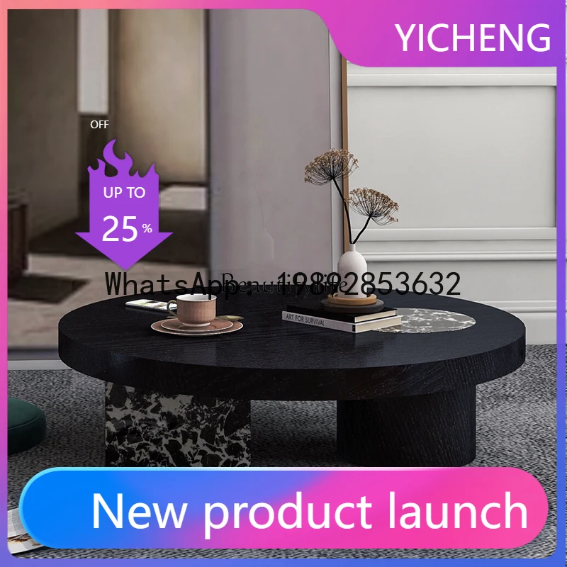 

QQ **French minimalist natural black marble solid wood round coffee table combination