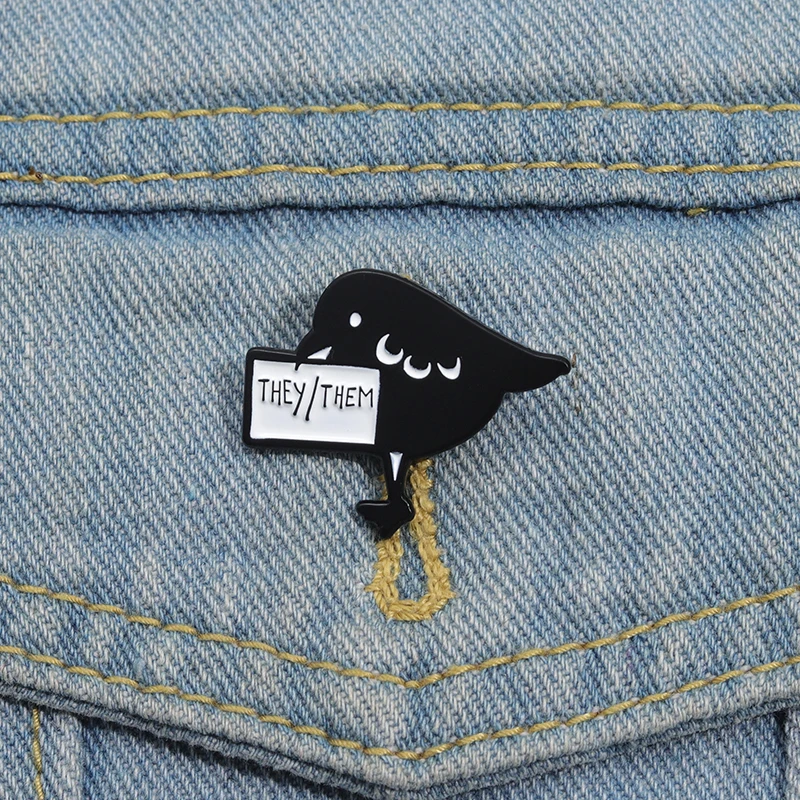They/Them Pronomen Enamel Pins Custom Cartoon Crow Badge LGBT Pride Brooches Lapel Badges Animal Jewelry Gift for Friends
