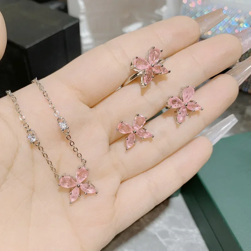 

MDL Moissa!ite Style Original Sweet Pink Diamond Butterfly Set Faux Paraiba Niche Exquisite Simple