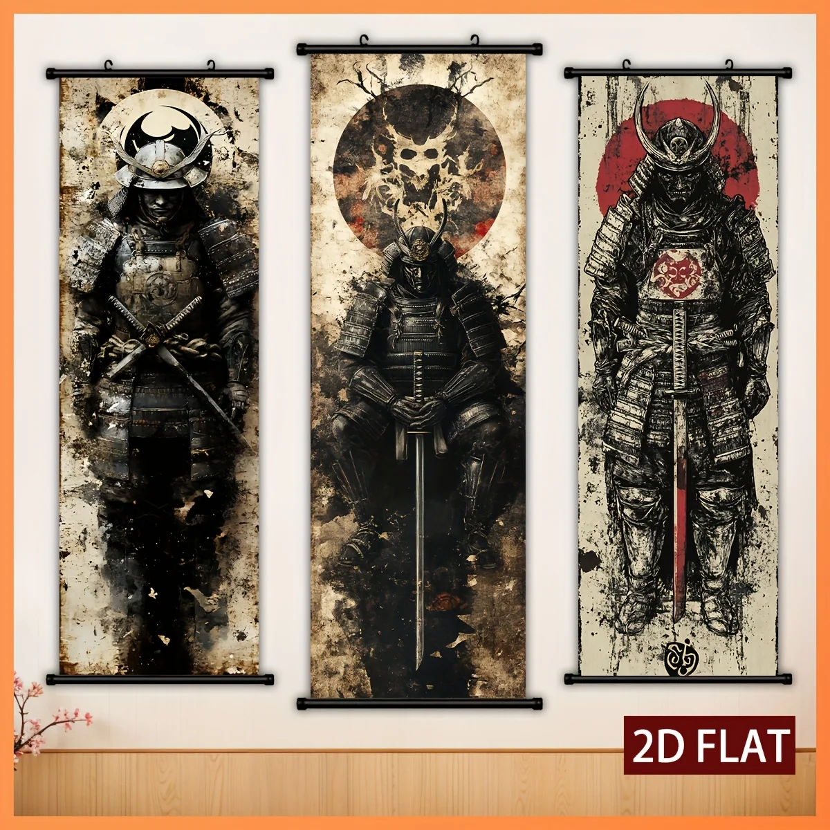 VIKAMA Vintage Samurai Warrior Armor Katana 3 Piece Wall Scroll Tapestry Set Hannya Wall Art Decor for Living Room Game Room