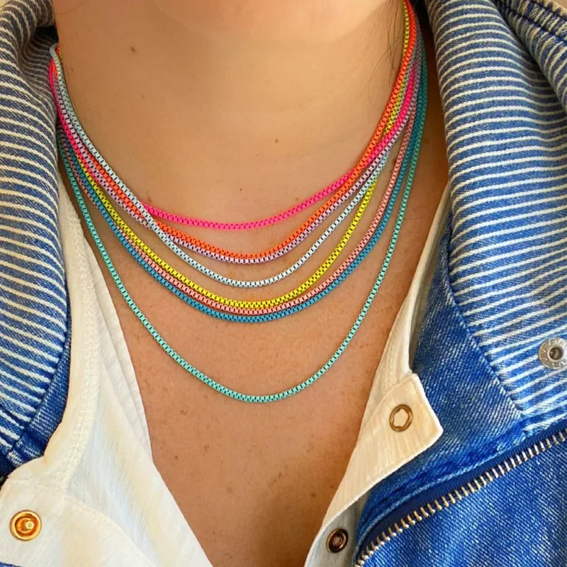 

10pcs New Hot Statement Enamel Boho Rainbow Color Box Chain Choker Necklace For Women Girl Collier femme Summer Bijoux