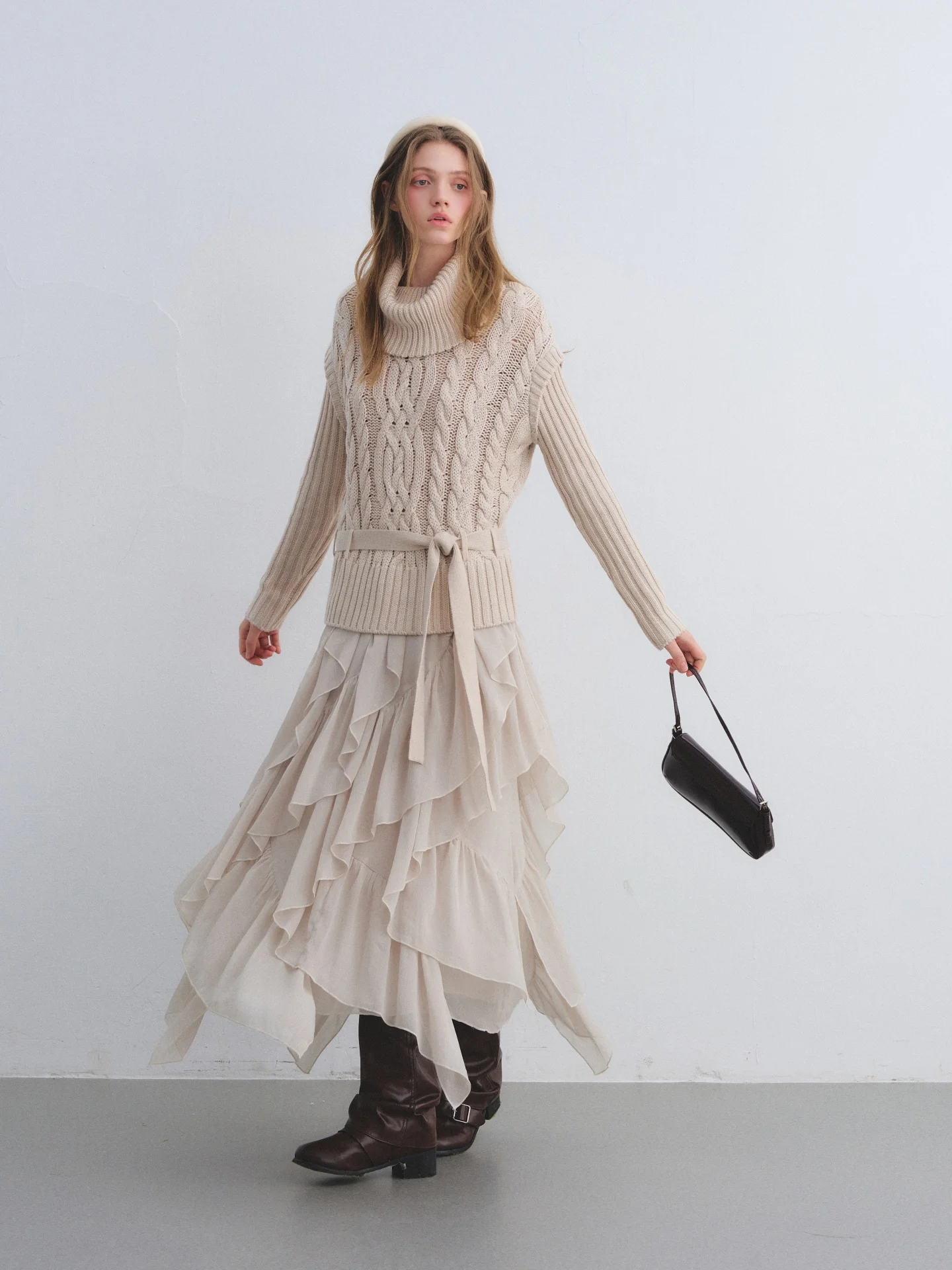 AsGony High Waist Asymmetric Hem Chiffon Skirt Simple Loose Fit Daily Wear Office Commute Korean Style Elastic Waist Skirt