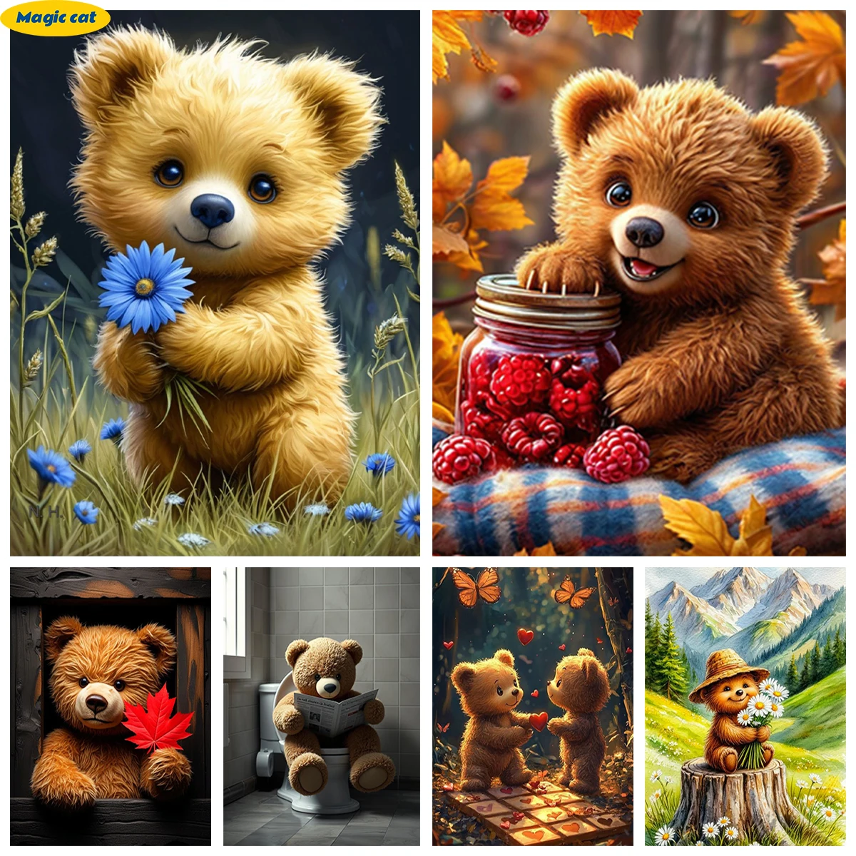 

Cute Teddy Bear 5D Diamond Painting Cartoon Bear Doll Full Gem Embroidery Simple Handmade Home Wall Decor Kids Gift