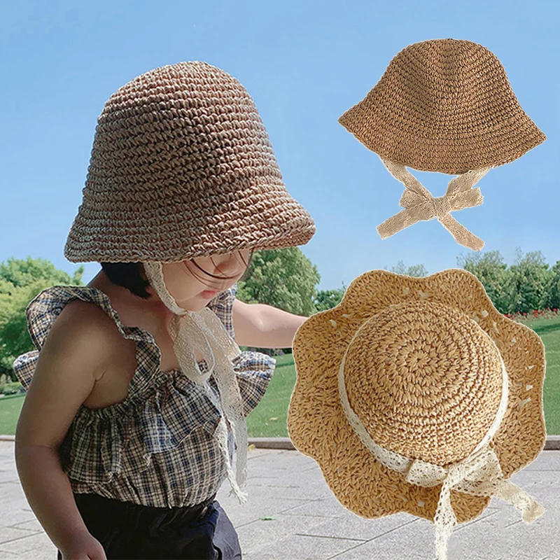 Baby Girl Boy Baby Girl Hat Bucket Summer Caps Kids Straw Hat Baby Girls Breathable Lace Strap Sun Hat Visor Foldable Wide Brim