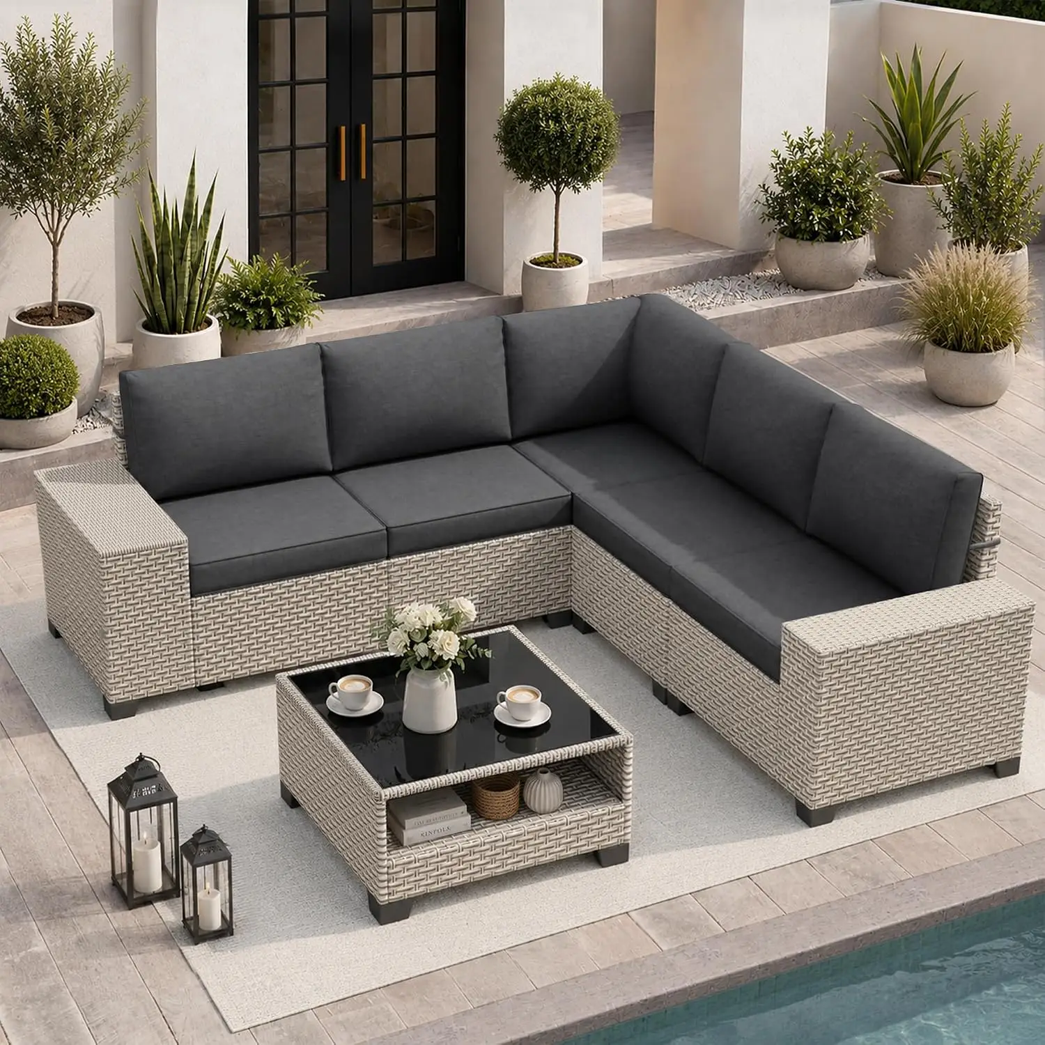 6-Piece Modular Patio Sofa Set With Glass Coffee Table & Cushions, Wicker Outdoor Conversation Furniture, Black, Customized