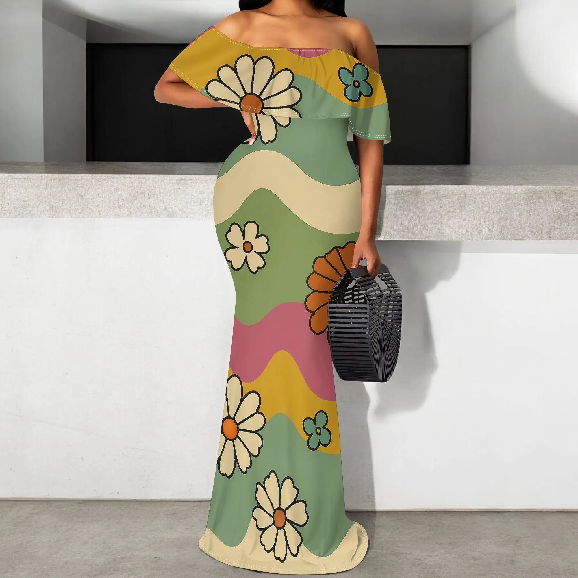 

Plus Size Off Shoulder Daisy Print Maxi Dress S-3XL Color Block Bodycon Summer Beach Party Evening Long Dress for Women