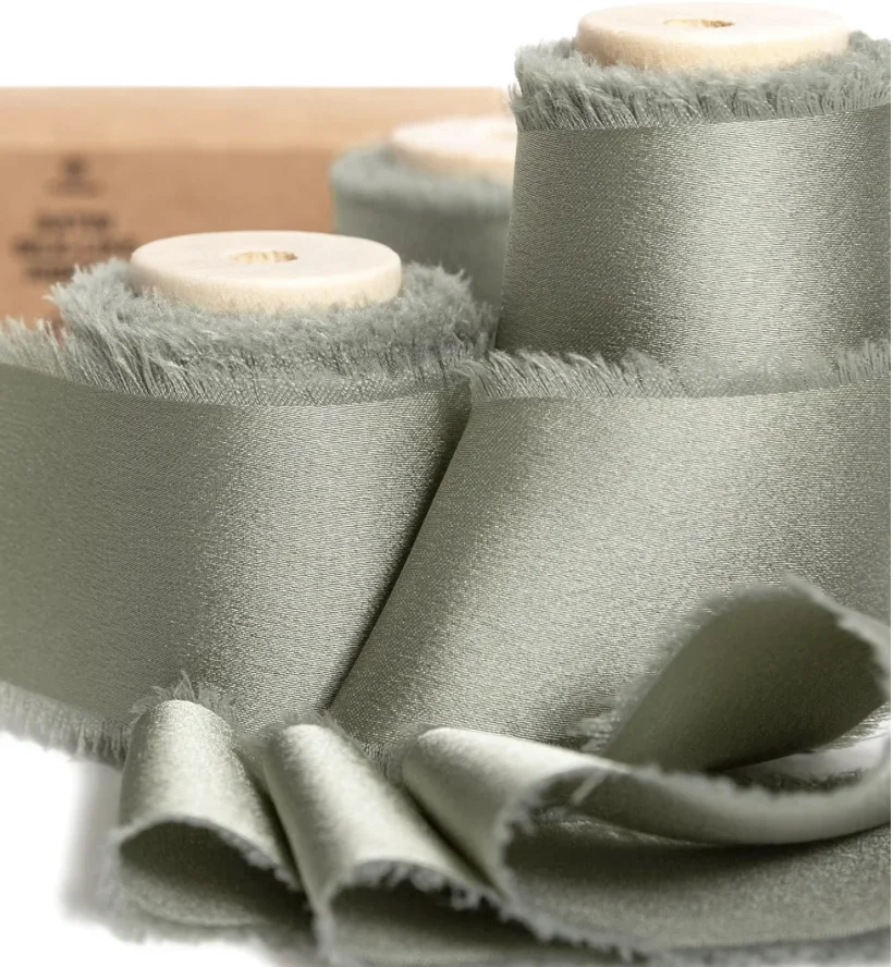 Dusty Sage Green Silk Satin Ribbon 1.5 Inch x 15 Yard Handmade Frayed Chiffon Ribbon with Wooden Spool Dusty Green Ribbon