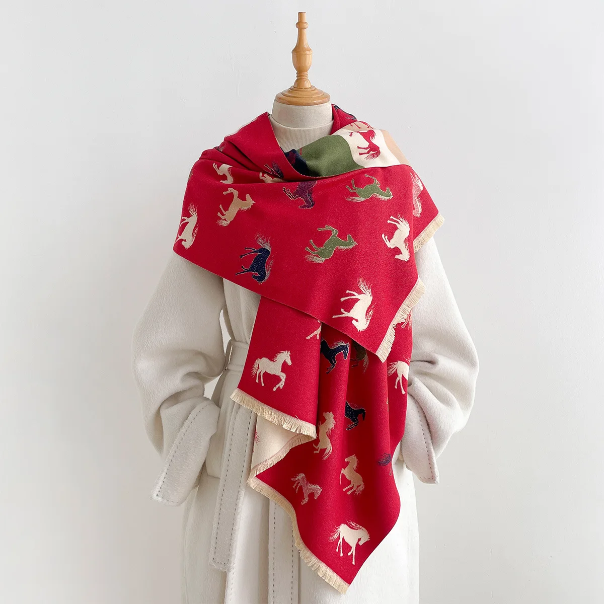 Vintage Running Horse Pattern Double Sided Scarf For Women Faux Cashmere Soft Reversible Long Shawl Fringe Trim Warm Neck Wrap