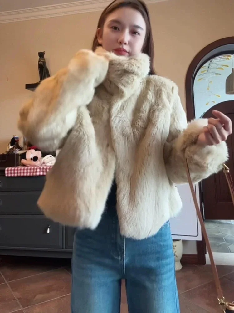 Cappotti da ragazza in pelliccia sintetica da donna con risvolto pieghevole invernale personalità giovane stand up tasche girocollo o avvolgenti toppa imbottita con barra OL