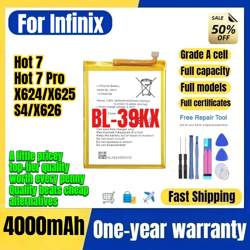BL-39KX for Infinix Tecno Hot 7/Hot 7 Pro/X624/X625/S4/X626 Phone Battery 0 Cycle  Replacement Bateria Grade A Cell with Tools