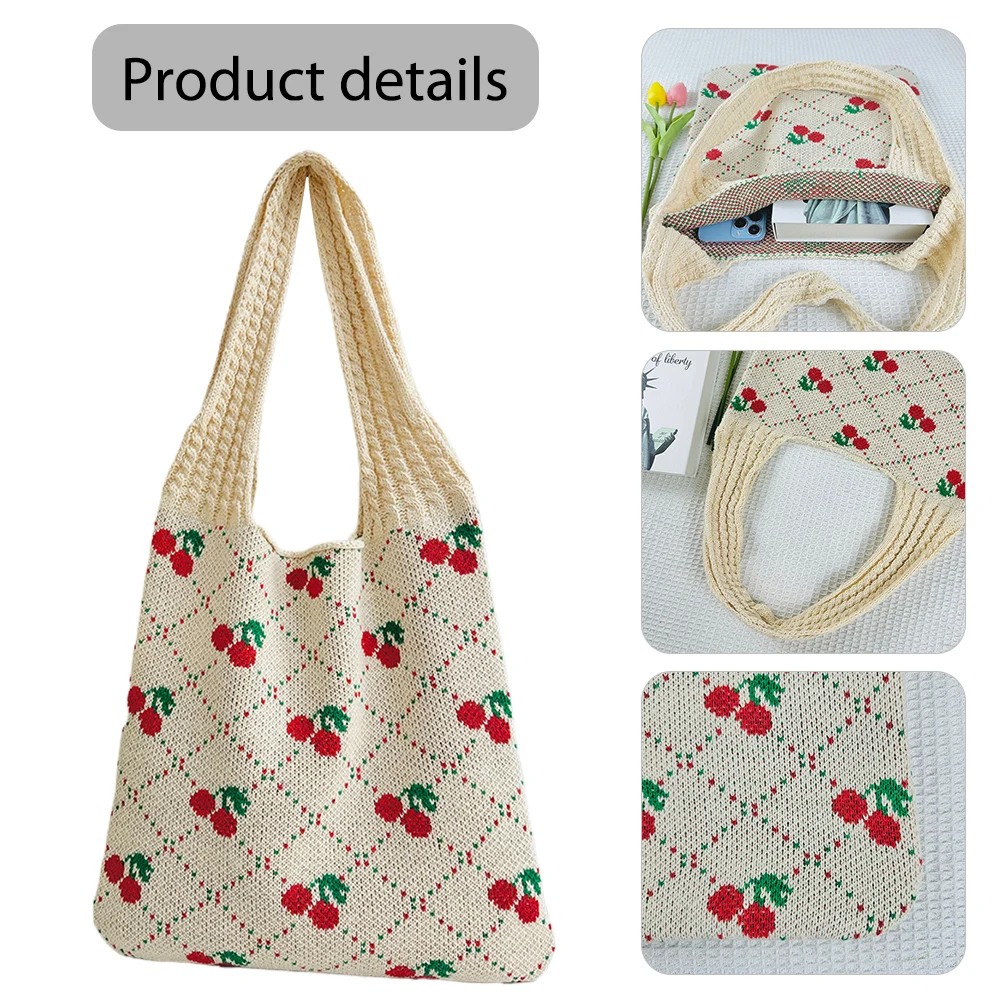 Fashion Cherry Knitting Shoulder Bag for Women Raffia Woven Boho Hand Bag Large Travel Shopping Bag Causal Crochet Tote Handbags