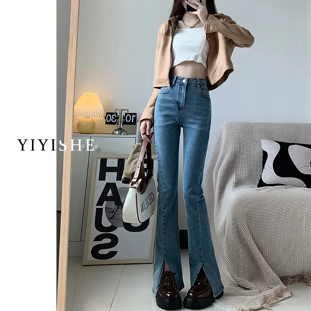 Jeans svasati a vita alta da donna Primavera Faion Nuovo elastico sottile dritto al pavimento Campana Bot Denim elasticizzato in cotone alla moda