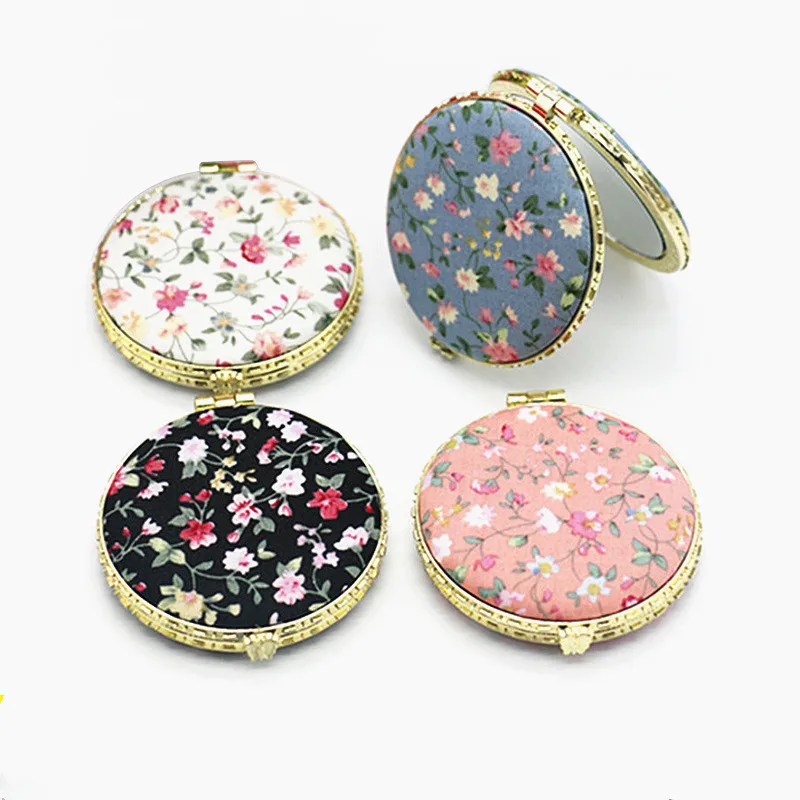 GU385 Makeup Mirror Folding Flower Vintage Two-side Folding Round Heart-shaped Floral Cloth Pocket Mirror Portable Mini Cosmetic