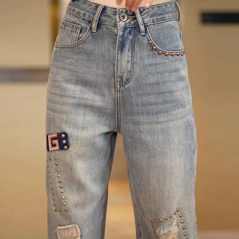 Perforated Straight Leg Jeans Women Wide Leg Pants Summer Slimming 2024 New High Waisted Nail Bead High-end Hanging Floor Pants