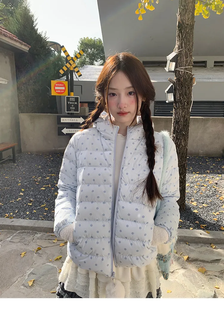 Korean Cropped Polka Dot Hooded Cotton-padded Jacket Women Zip Up Casual Winter Warm Outerwear Woman Sweet Cute Puffer Jackets