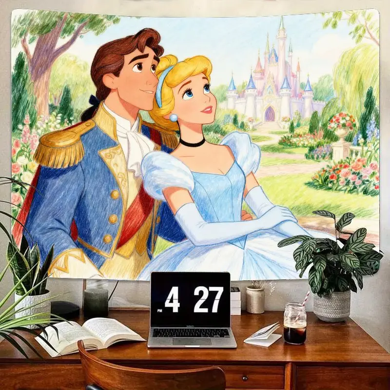 

1 шт., принцесса Диснея, Золушка, принц, очаровательный замок, гобелен, настенное искусство, мечтательный сказочный домашний декор, подарок для девочек, спальня