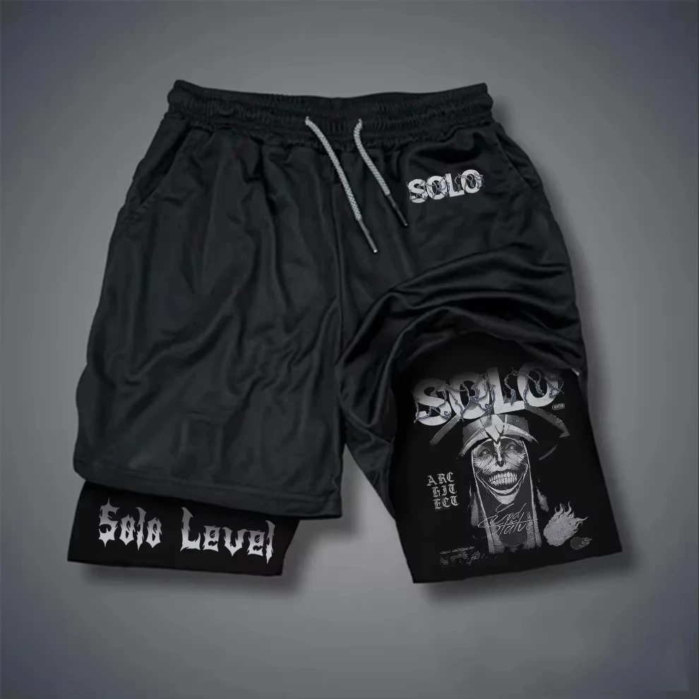 Solo Level-pantalones deportivos 2 en 1 de doble capa para hombre, pantalones cortos deportivos de Anime japonés con bolsillo, pantalones de chándal para correr de secado rápido
