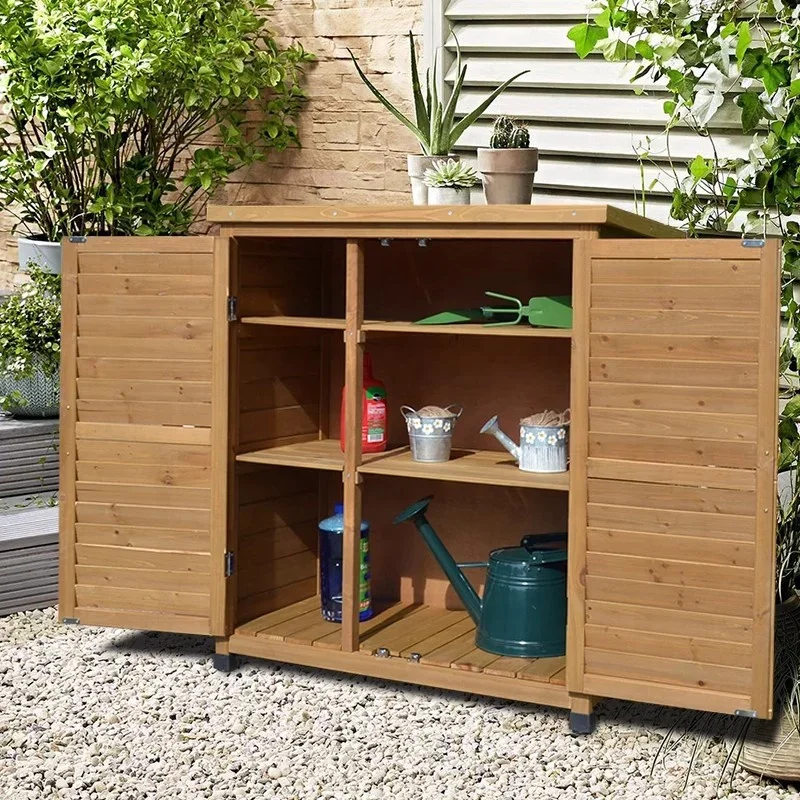2026 classic style leisure home decoration outdoor wooden storage cabinet garden tool shed fir wood cabinet backyard storage box