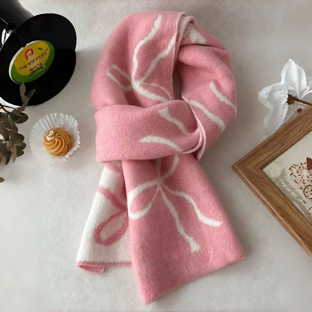 New Double-Sided Bowknot Knitted Scarf Thickened Neck Protection Cashmere Scarves Warm Winter Wool Scarf Women