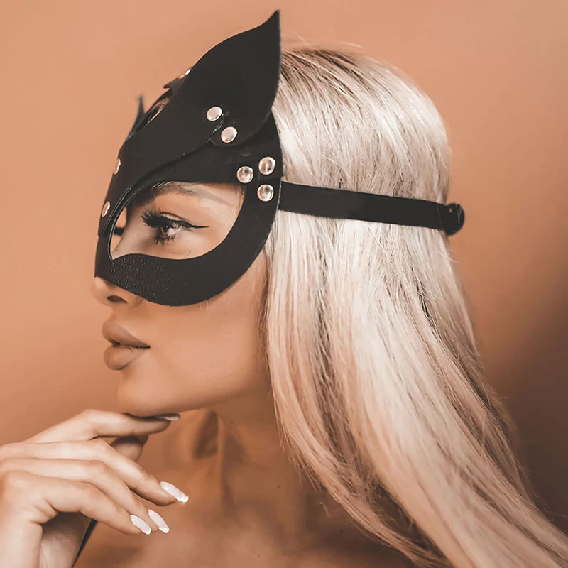 Women Sexy Half Face Fox Cosplay Cat Leather Anime Mask With Rivet Punk Collar For Halloween Party Masquerade Ball Fancy Masks