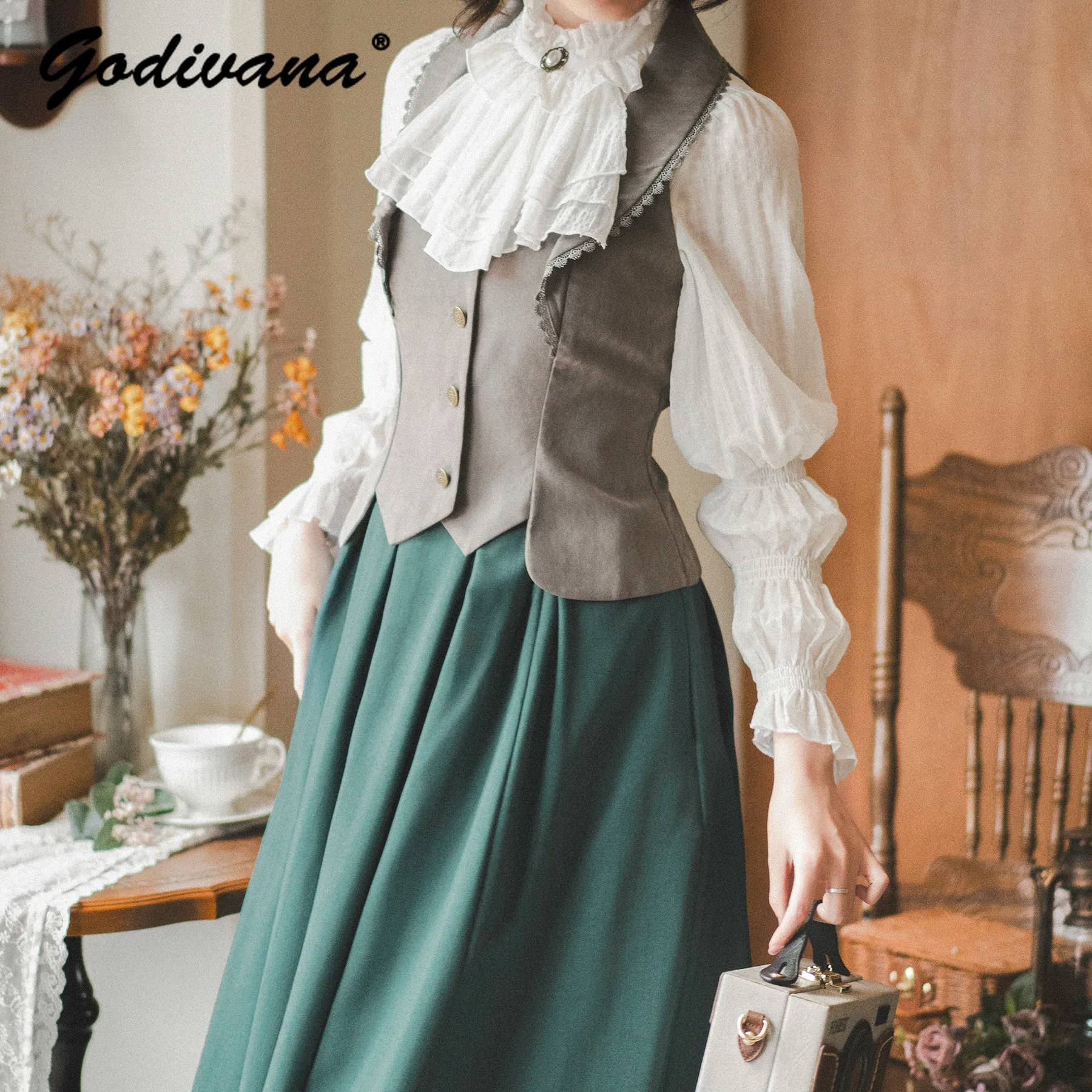 

New Spring and Autumn Cla Elegant Retro Long-sleeve Textured Shirt Stand Collar Women's Lolita White Blouse Tops