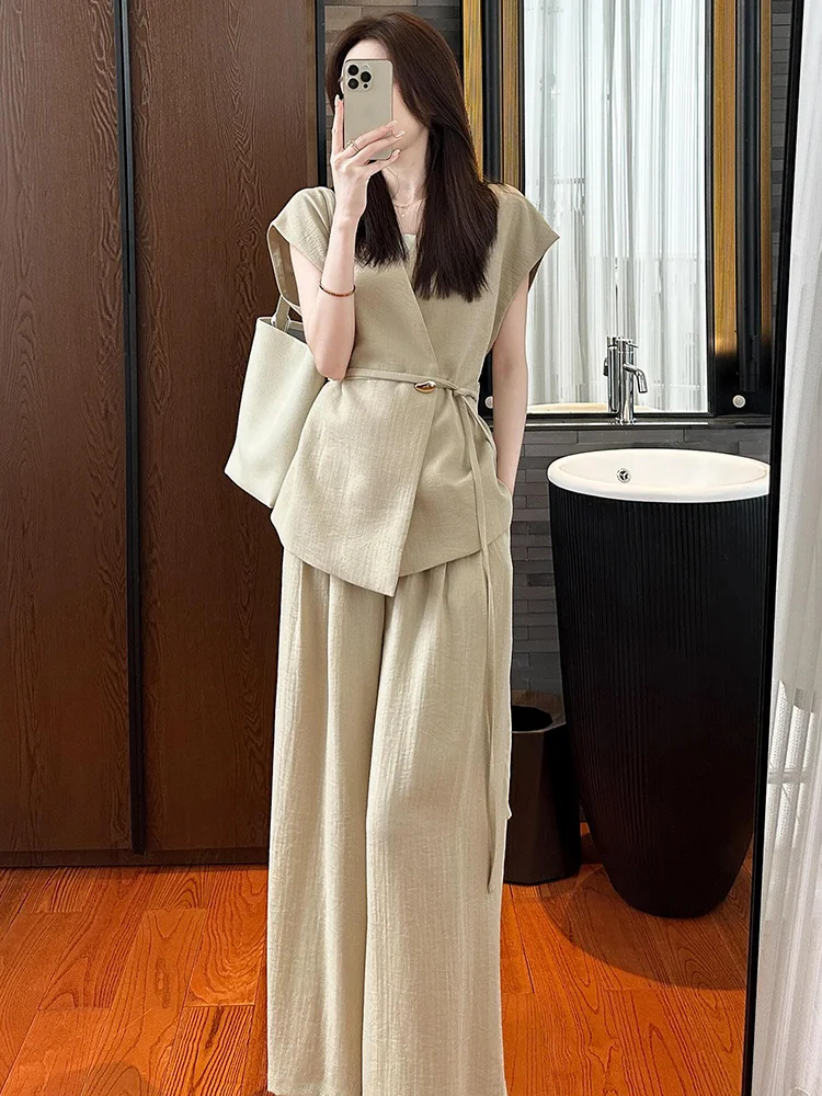 New Summer Luxury High End Two Piece Set Women Fashion V-neck Lace Up Vest Top + Wide Leg Pants Casual Women's Tracksuit