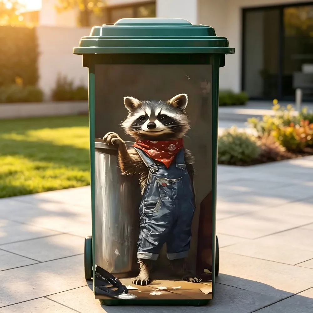 2D flat printing 1 trash can sticker, self-adhesive wallpaper with panda and denim overalls theme