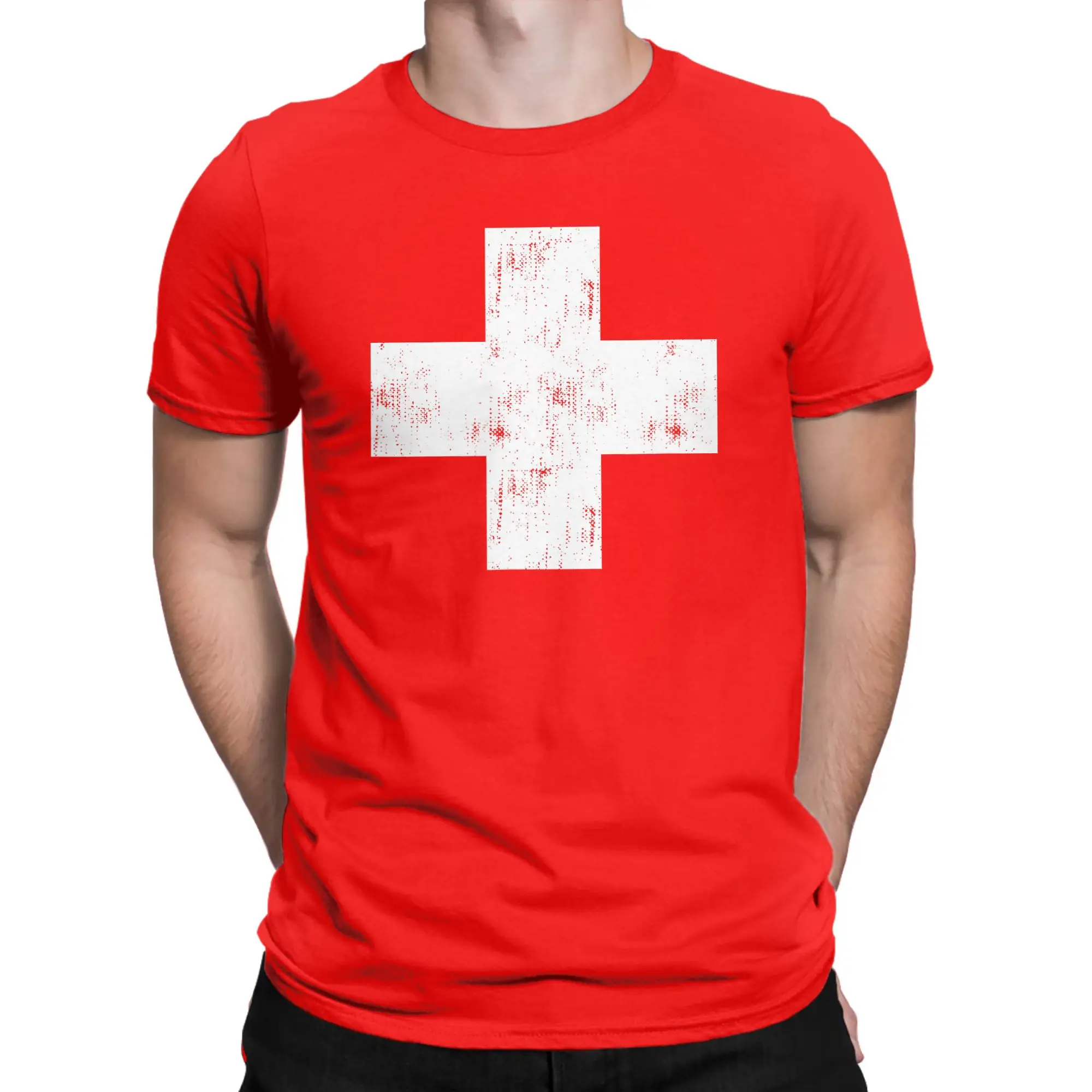 Men T-Shirt Swiss Vintage Cross Flag Switzerland T-Shirts Harajuku  Summer Tees Vintage 100% Cotton Tops Gift