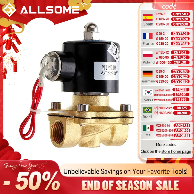 ALLSOME 1/2 3/4 1 Inch AC220V Electric Solenoid Valve Pneumatic Valve for Water Air Gas Brass Valve Air Valves Durable CJ010