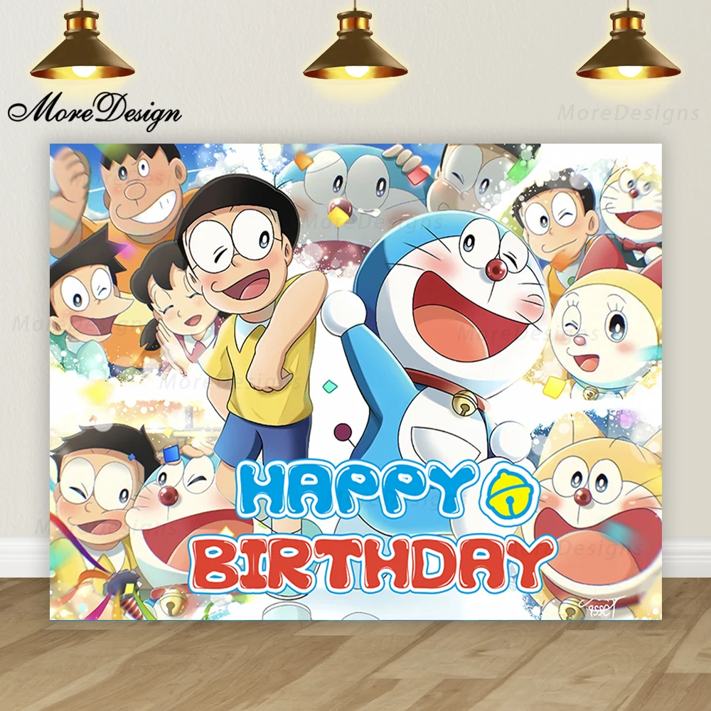 Doraemon vinil poliéster tecido fundo para crianças, Birthday Party Banner, Photo Backdrop Decoração, Desenhos animados Anime, Baby Shower