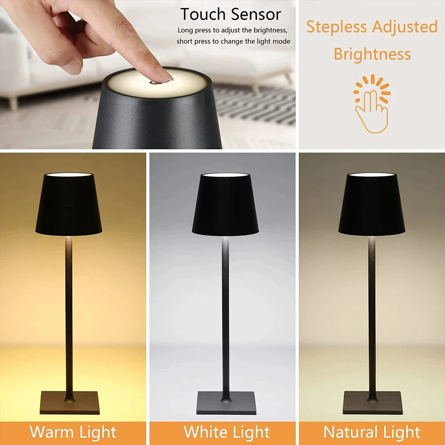 USB Rechargeable LED Table Lamp Touch Switch 3 Color Tempurture Dimmable Desk Lamp Modern Office Bar Restaurant Ambiance Light