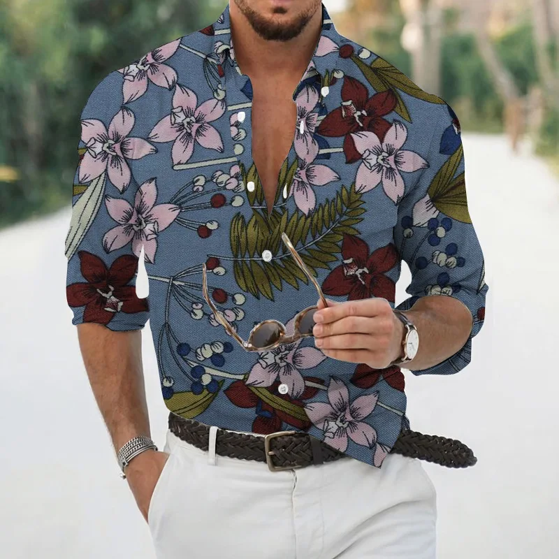 Spring and autumn fashion men\'s long sleeved Hawaiian shirt men\'s 3D printed flower shirt men\'s trendy top