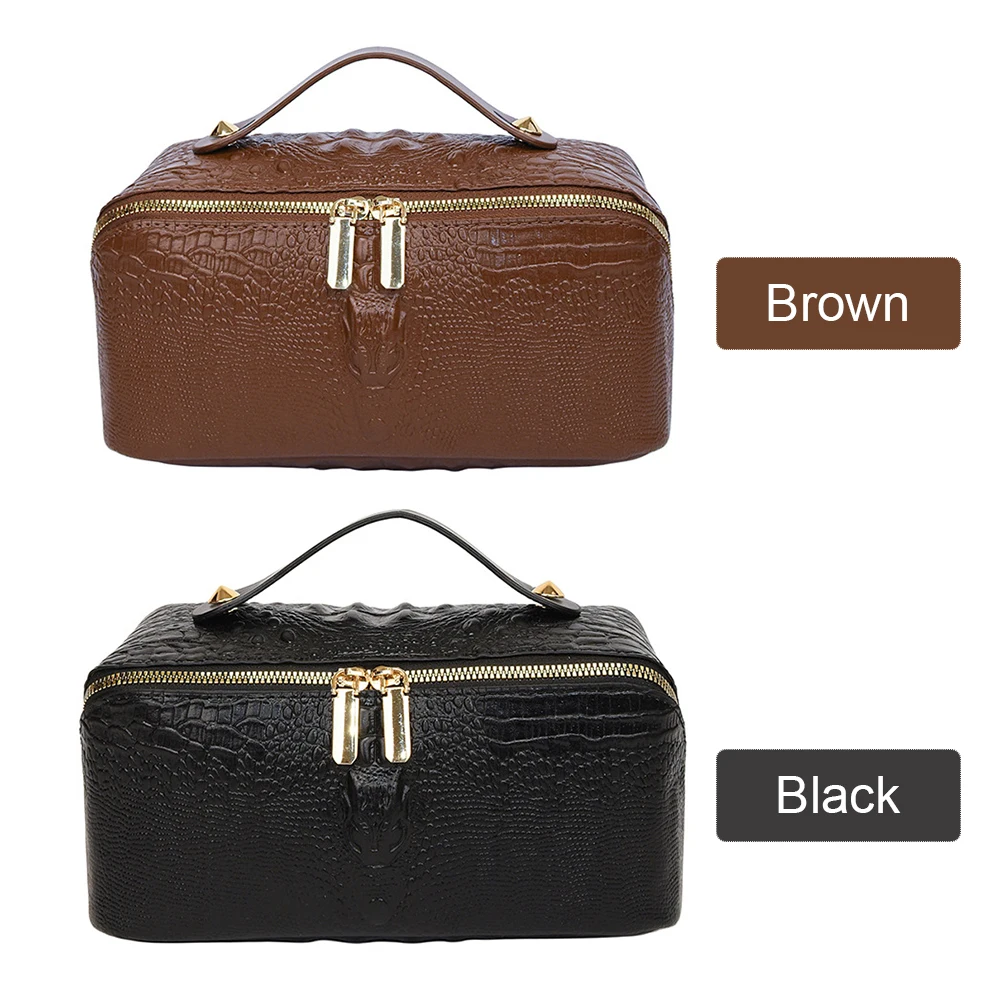 Bolsa de maquillaje con diseño de piel de serpiente, bolsa de cosméticos de cuero PU con asa, organizador de maquillaje, bolsa de almacenamiento de gran capacidad para mujeres y niñas