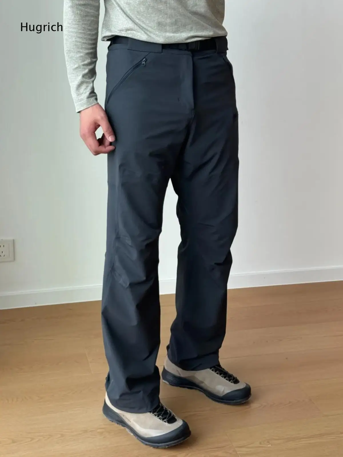 Men Gray Quick Dry Stretch Hiking Pants Adjustable Belt Zipper Pocket Outdoor Trousers