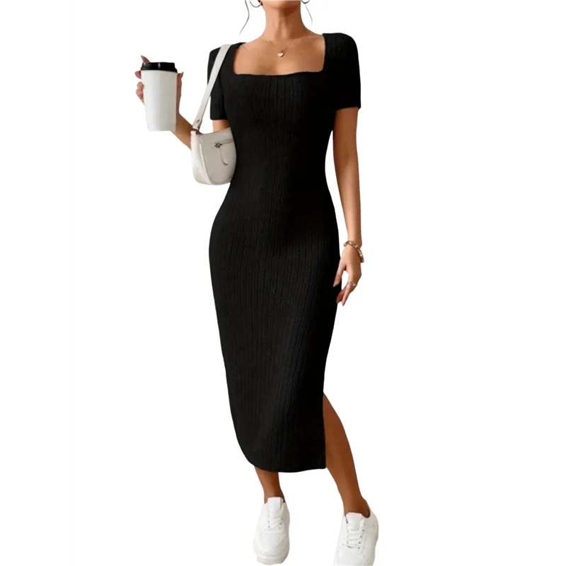 Feminino 2025 verão com nervuras manga curta bodycon maxi vestido lateral fenda malha pescoço quadrado longo vestido de verão