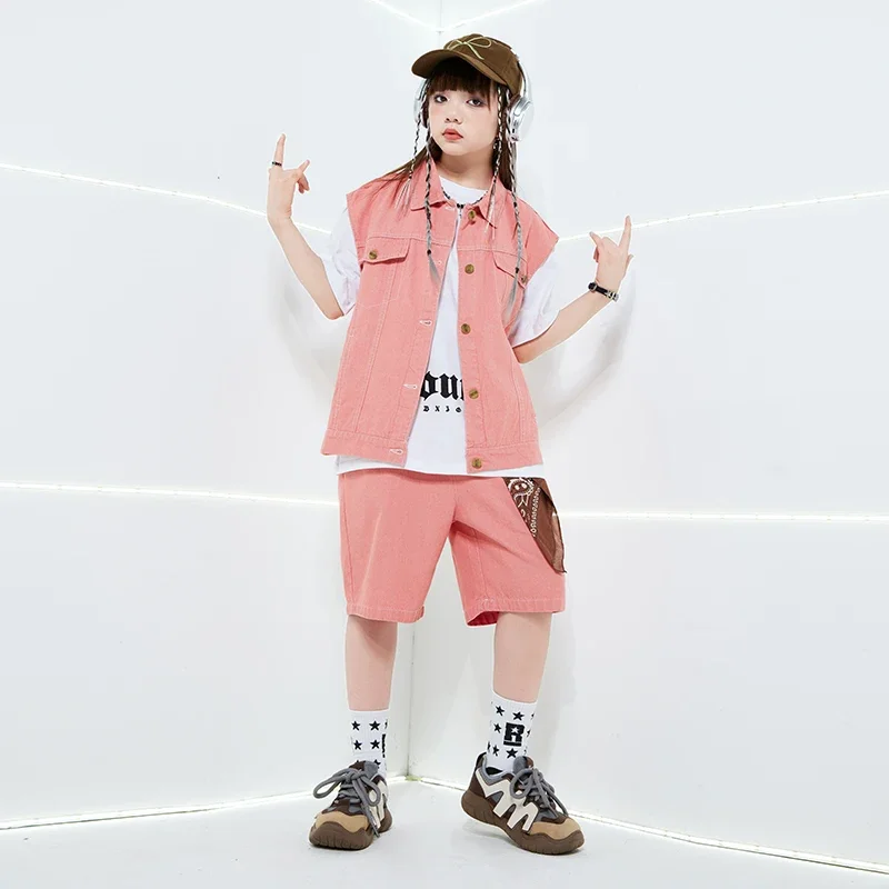 Boys Pink Hip Hop Clothing Vest Tshirt Cagro Shorts Girls Streetwear Outfits Children Ballroom Costumes Kids Jazz Clothes Sets