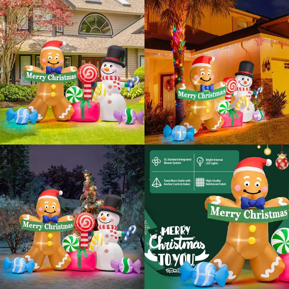 

Giant 8ft Inflatable Gingerbread Man and Snowman with Candy, LED Lighted Outdoor Christmas Decoration for Lawn and Party