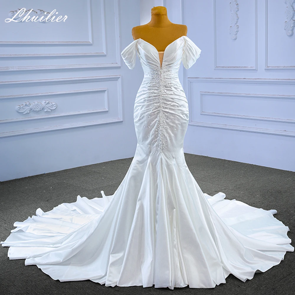 

Lhuillier Elegant Mermaid Satin Wedding Dresses Off the Shoulder Pearls Beaded Pleated Bridal Dress with Chapel Train