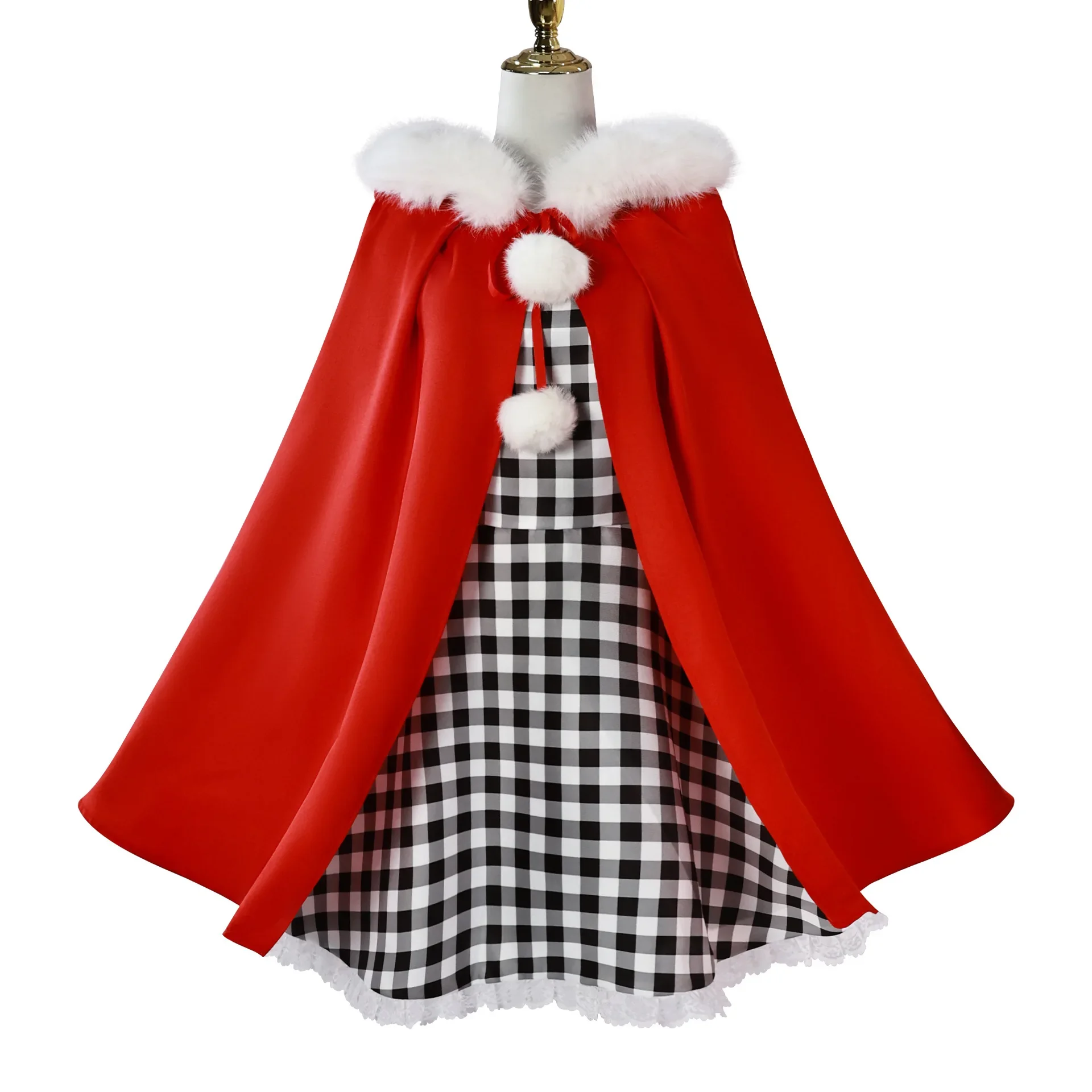 Cindy Lou Cosplay Costume White Fluff Red Hood Cloak Plaid Dress Christmas Lovly Lolita Outfit Halloween Women Girls