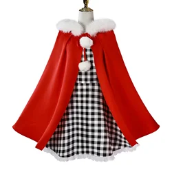 Cindy Lou Cosplay Costume White Fluff Red Hood Cloak Plaid Dress Christmas Lovly Lolita Outfit Halloween Women Girls