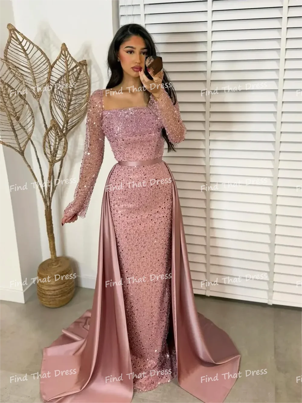 العرف الحديثة ساحة طوق مطوي مثير حورية البحر ثوب مسائي عارية الذراعين الترتر فستان عربي سعودي مع قطار للانفصال #3