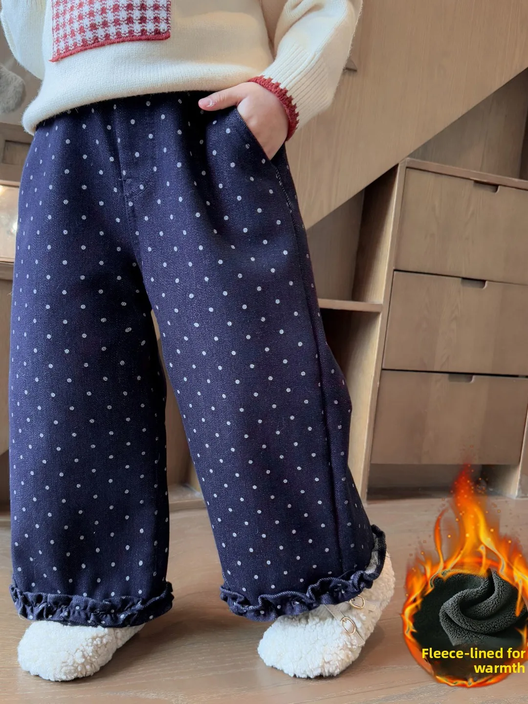 

Джинсы для девочек на флисовой подкладке с круглым принтом в горошек, повседневные теплые зимние длинные брюки с высокой талией, прямые, удобные детские штаны